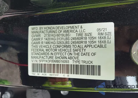 2021 Honda Ridgeline Black Edition из США, поврежденный, VIN 5FPYK3F89MB016093